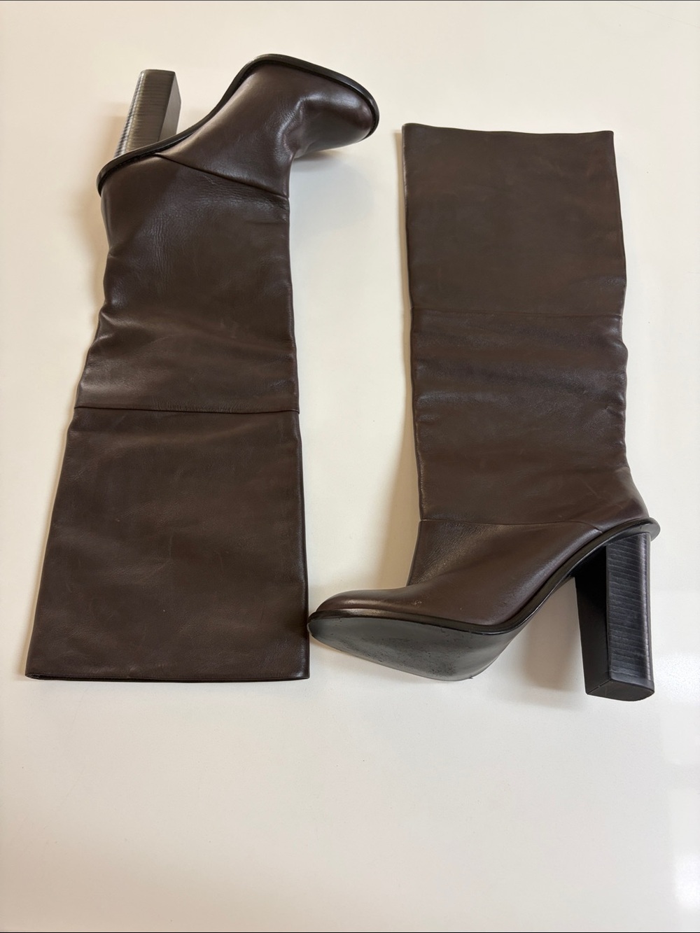 Tibi Dark Brown Leather Knee-High Leather Block Heel Boots